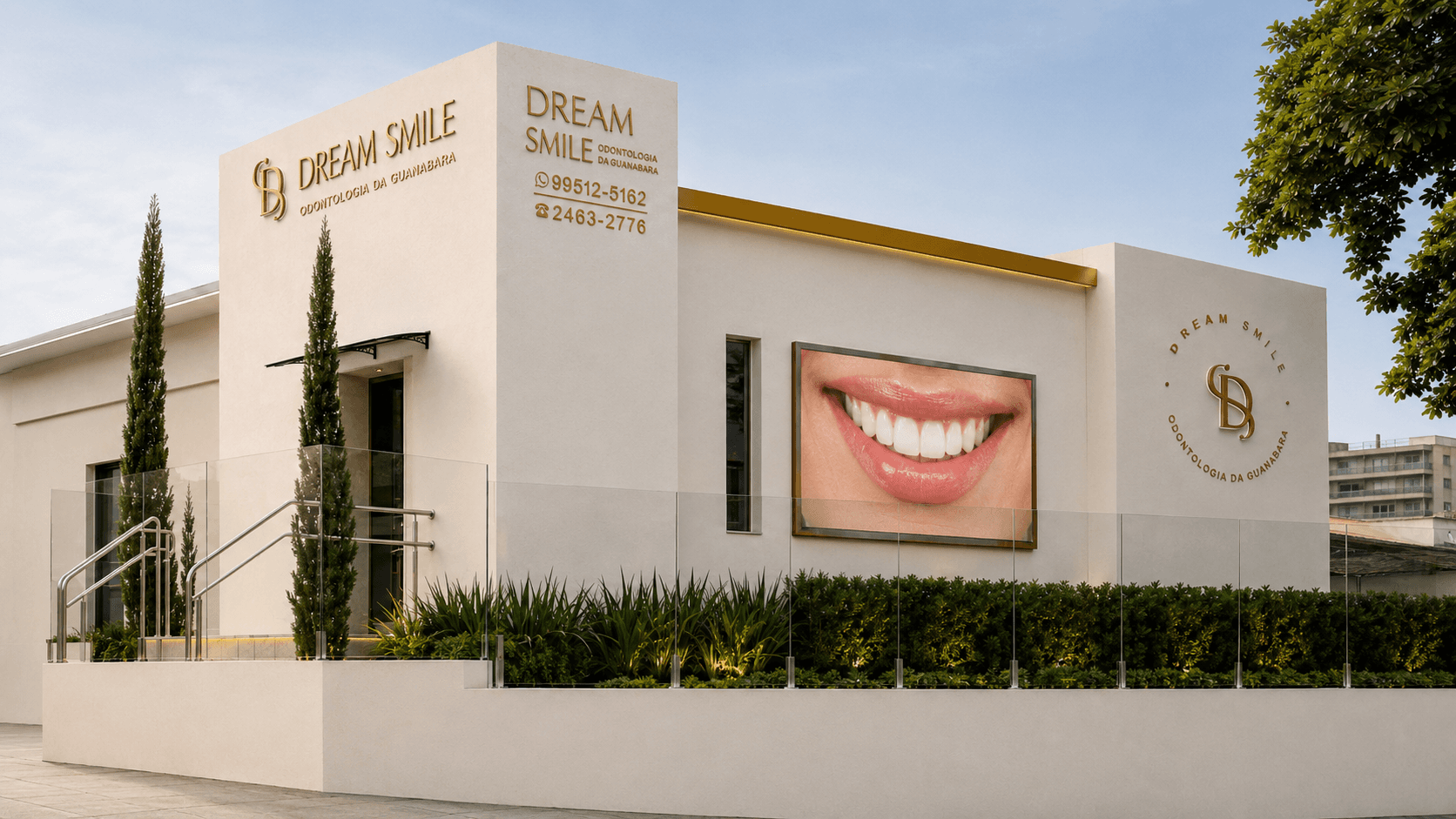 Fachada da clínica Dream Smile Odontologia com telão LED na Ilha do Governador