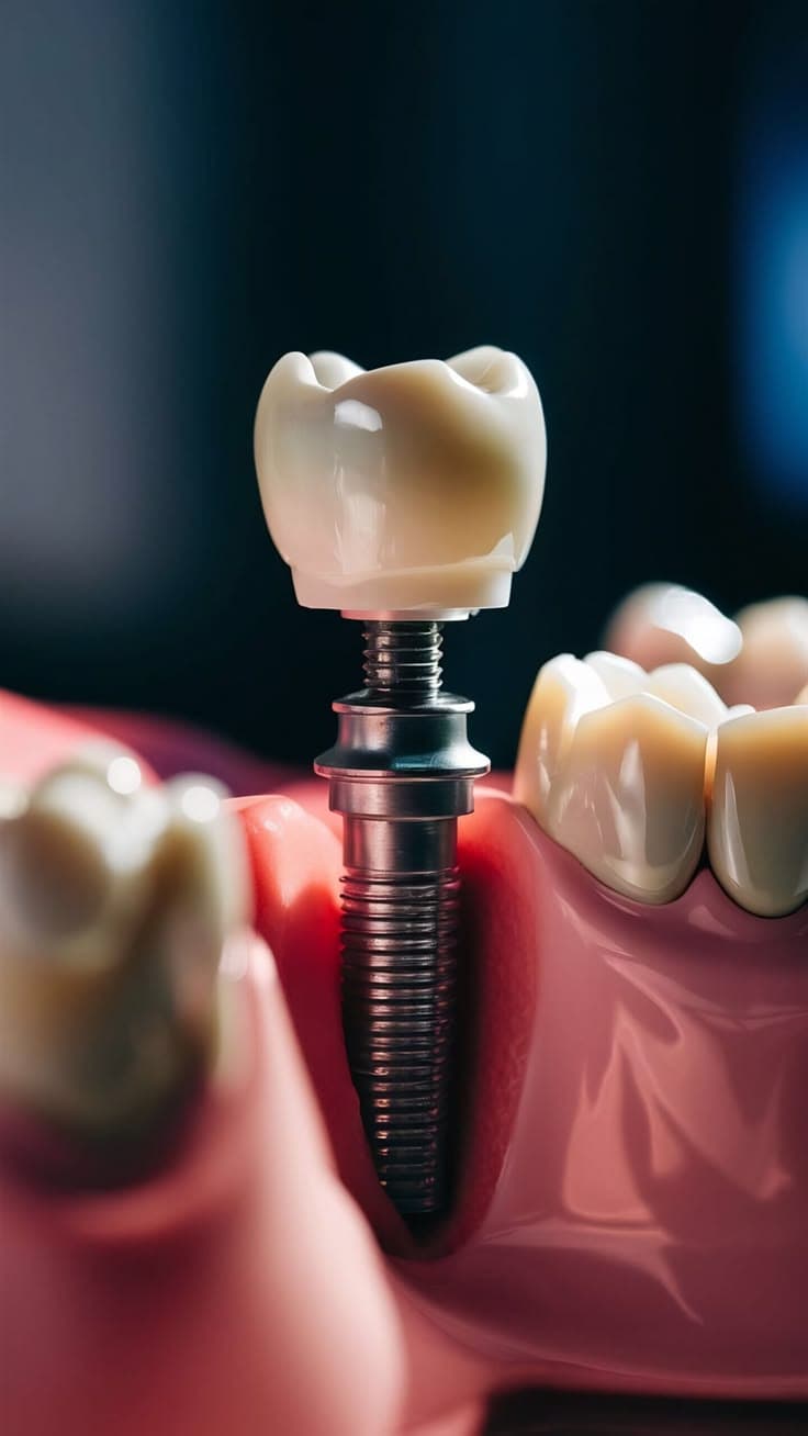 Implante dentário com pino de titânio e coroa protética em modelo 3D