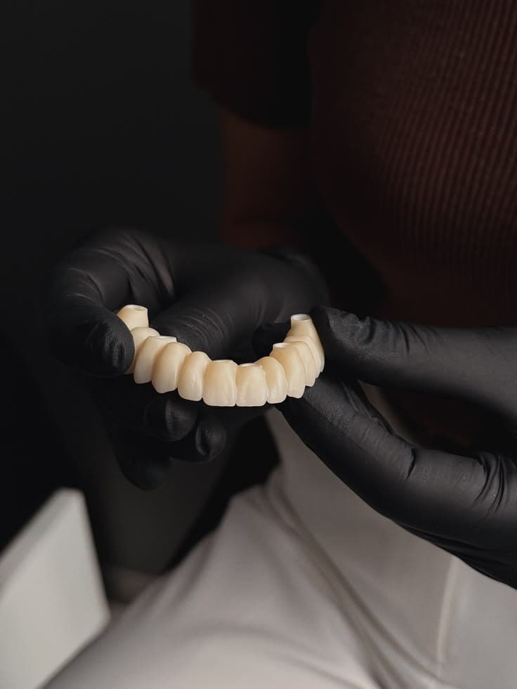 Prótese protocolo sendo segurada com luvas pretas pelo especialista